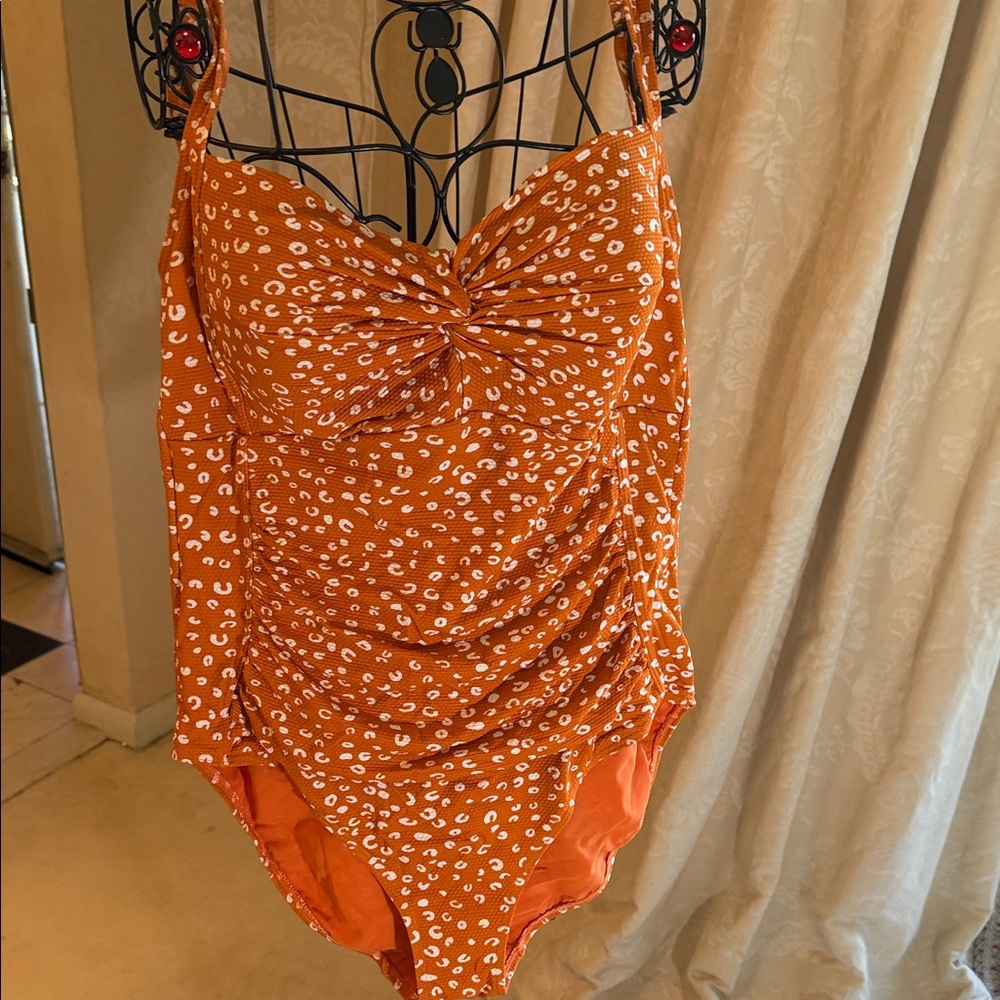Twist-Front Orange One-Piece Swimsuit with White Print